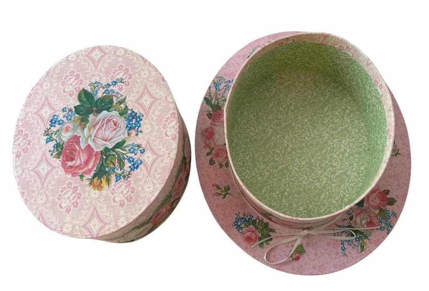 Photo 1 of (3)PCS VINTAGE FLORAL DECORATIVE HAT BOX AND VICTORIAN STYLE JEWELRY STAND WITH LACE H17.5” $60