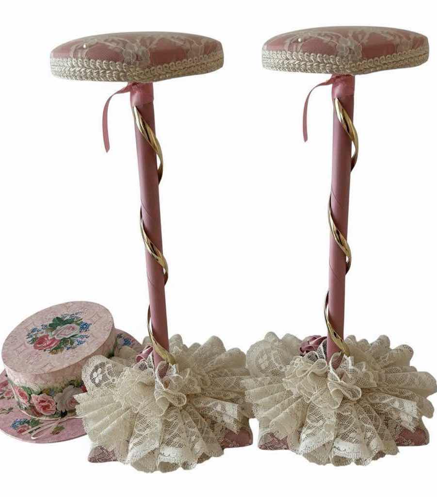 Photo 1 of (3)PCS VINTAGE FLORAL DECORATIVE HAT BOX AND VICTORIAN STYLE JEWELRY STAND WITH LACE H17.5” $60