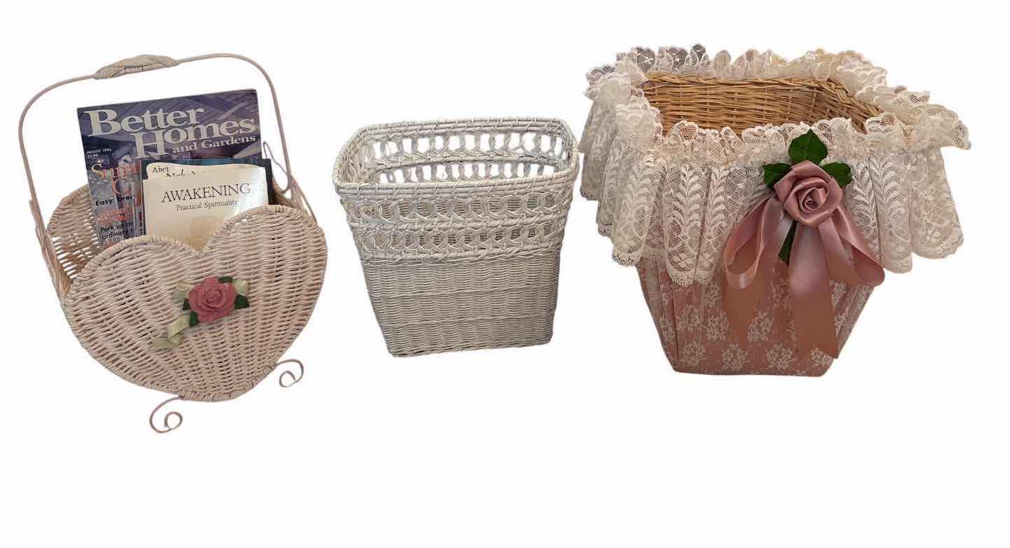Photo 1 of (3)PCS WICKER BASKETS IN ASSORTED STYLES, HEART-SHAPED, WHITE WICKER, AND PINK LACE-LINED BASKETS H15” $90