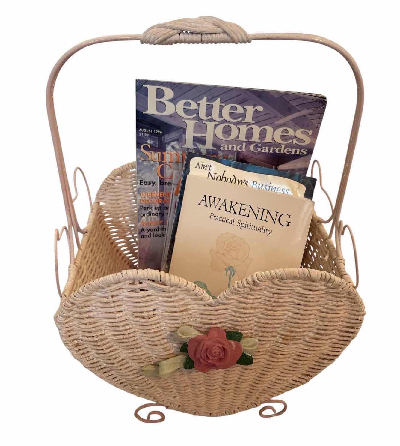 Photo 1 of (3)PCS WICKER BASKETS IN ASSORTED STYLES, HEART-SHAPED, WHITE WICKER, AND PINK LACE-LINED BASKETS H15” $90