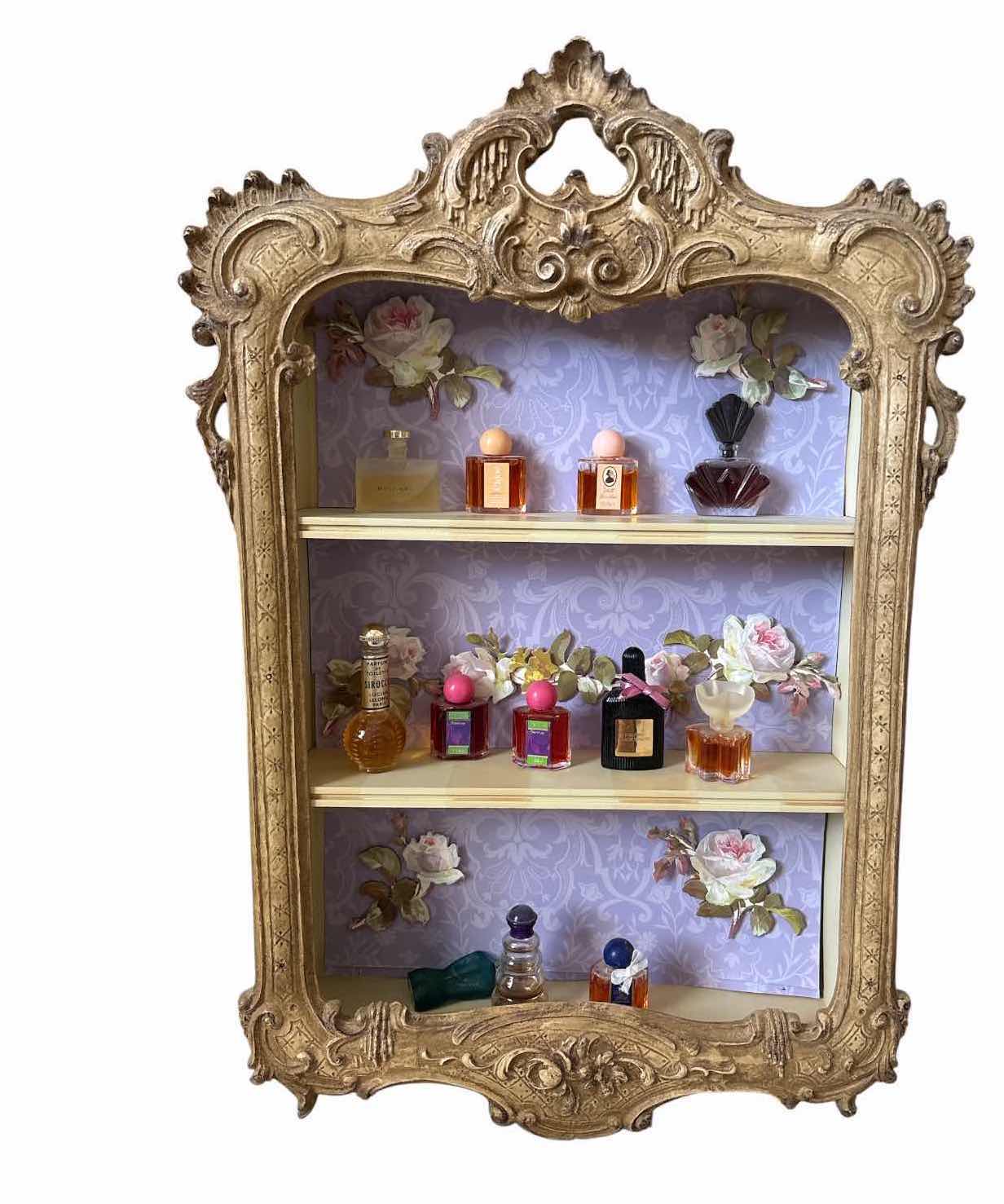 Photo 1 of ORNATE FRENCH PROVINCIAL STYLE WALL DISPLAY SHELF WITH DISTRESSED CARVED WOOD FRAME & VARIETY OF MINI PERFUME BOTTLES 11”X3”H18.5”