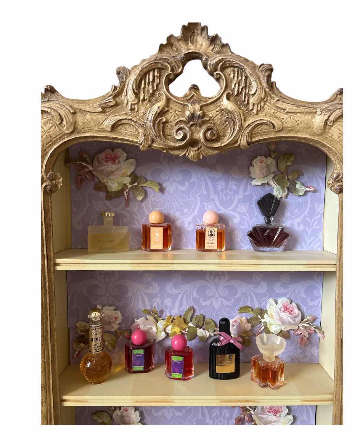 Photo 1 of ORNATE FRENCH PROVINCIAL STYLE WALL DISPLAY SHELF WITH DISTRESSED CARVED WOOD FRAME & VARIETY OF MINI PERFUME BOTTLES 11”X3”H18.5”