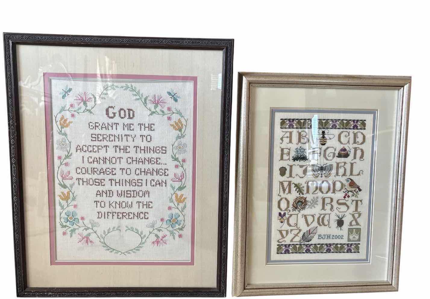 Photo 1 of (3)PCS FRAMED ARTWORK HANDMADE CROSS STITCH PIECES INCLUDING A SERENITY PRAYER SAMPLER, ALPHABET, & CUPID 20”X25” $150