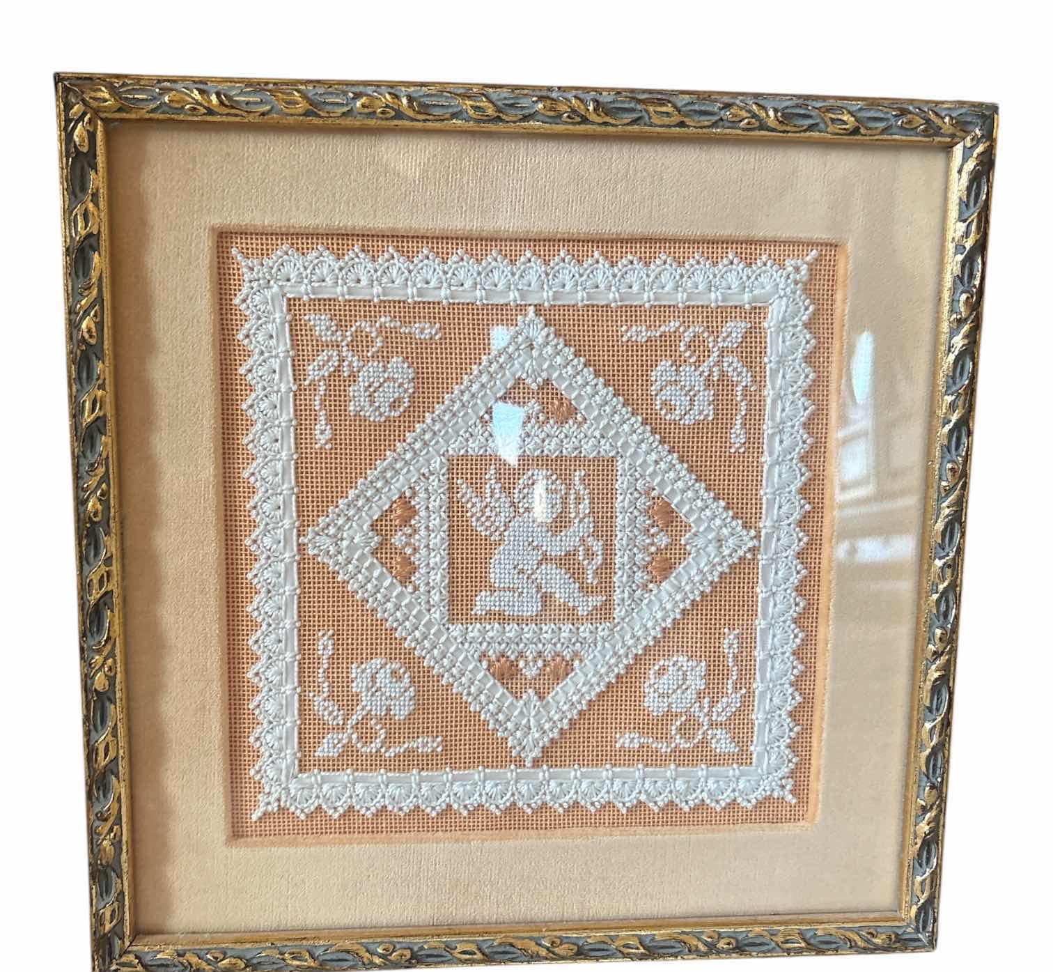 Photo 1 of (3)PCS FRAMED ARTWORK HANDMADE CROSS STITCH PIECES INCLUDING A SERENITY PRAYER SAMPLER, ALPHABET, & CUPID 20”X25” $150