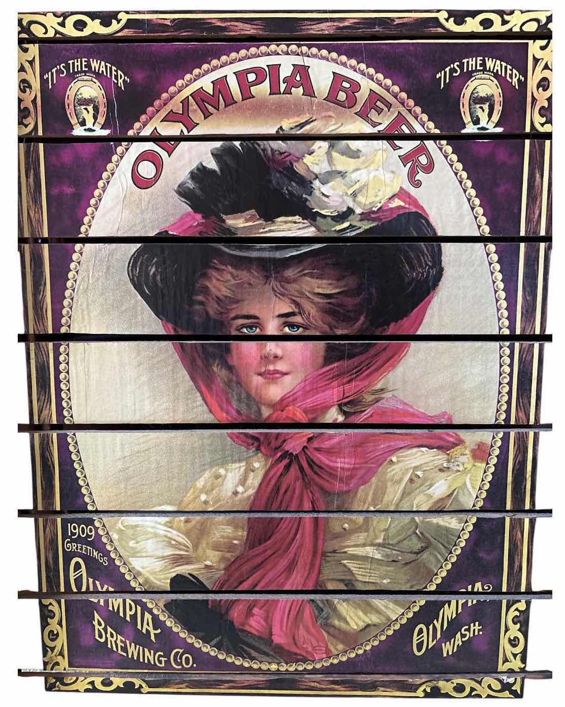 Photo 1 of VINTAGE-STYLE OLYMPIA BEER WOOD SLAT ADVERTISING WALL SIGN 21”X26”