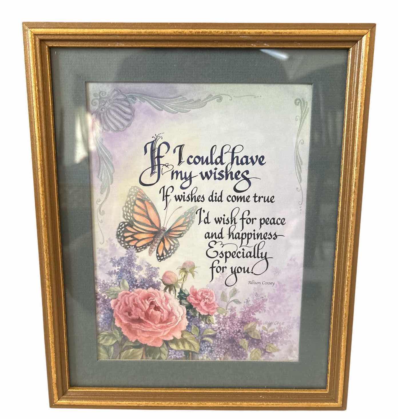 View 2 of (3)PCS FRAMED ARTWORK FLORAL DESIGNS, HEART, BUTTERFLY, AND SENTIMENT PRINTS IN WOOD AND GOLD-TONE FRAMES 9”X11” $90