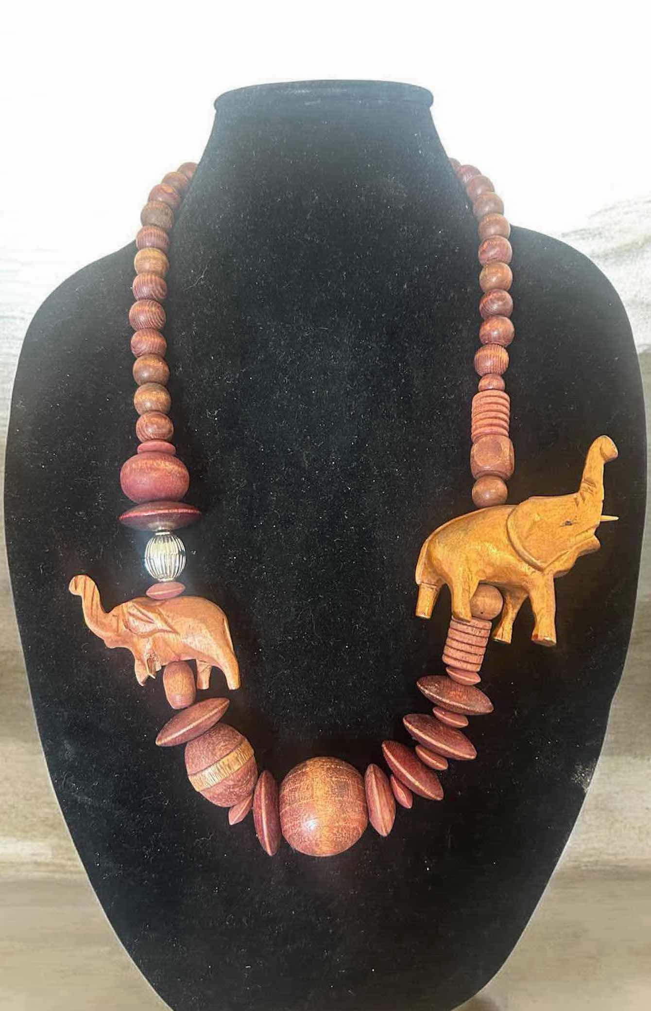 View 1 of VINTAGE BOHEMIAN STATEMENT NECKLACE W HAND CARVED WOODEN ELEPHANT PENDANT