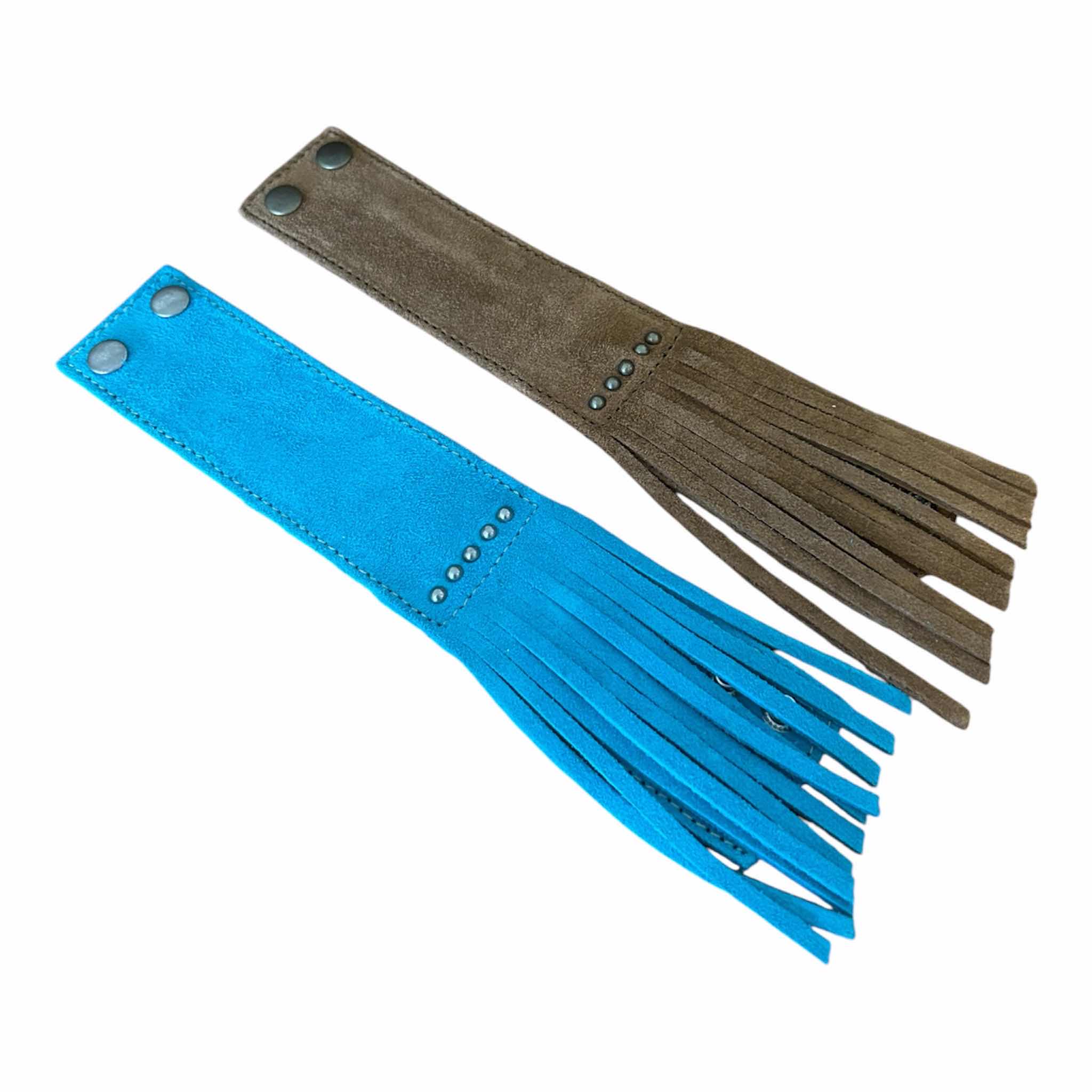 Photo 1 of 2- MINNETONKA TURQUOISE AND BROWN LEATHER FRINGE CUFFS $100