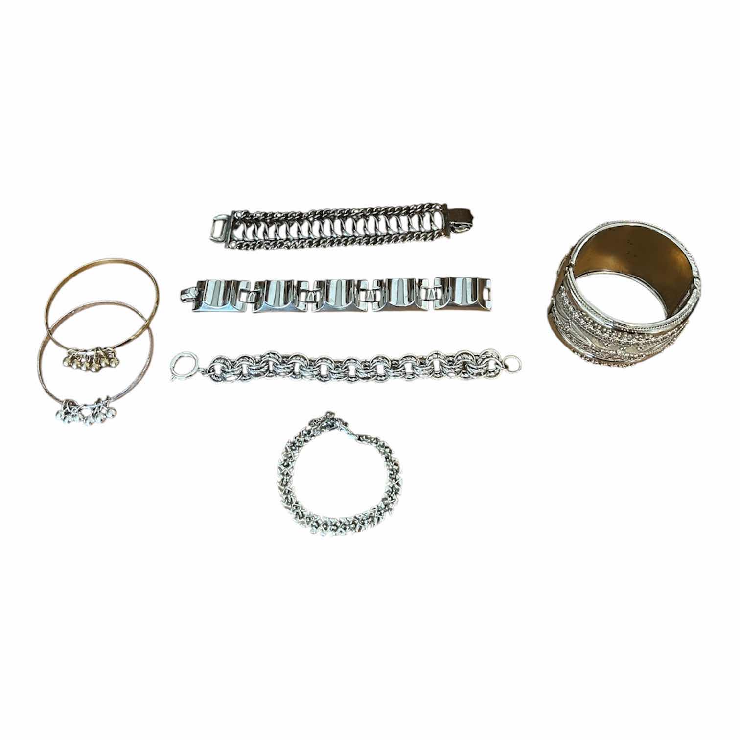 Photo 1 of VINTAGE SILVER TONE CLAMPER BRACELET W 6 FASHION BRACELETS