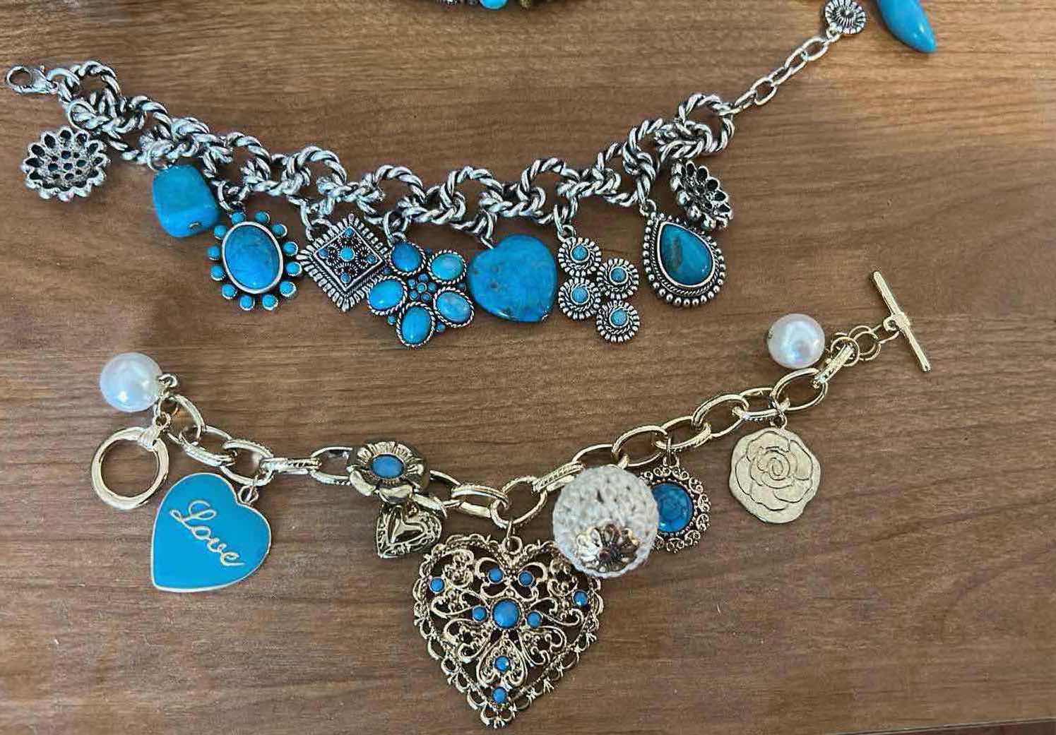 Photo 1 of 5- SOUTHWESTERN STYLE CHARM BRACELETS W SILVER PLATED CHAIN LINKS VIBRANT TURQUOISE COLORED MAGNESITE STONES