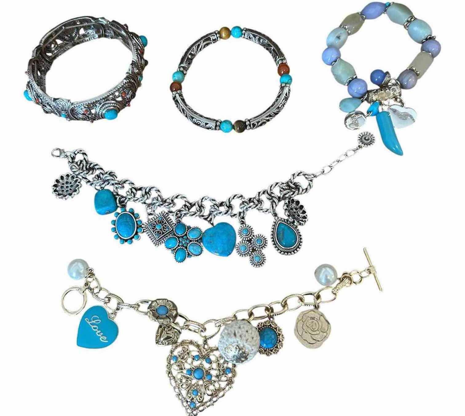 Photo 1 of 5- SOUTHWESTERN STYLE CHARM BRACELETS W SILVER PLATED CHAIN LINKS VIBRANT TURQUOISE COLORED MAGNESITE STONES