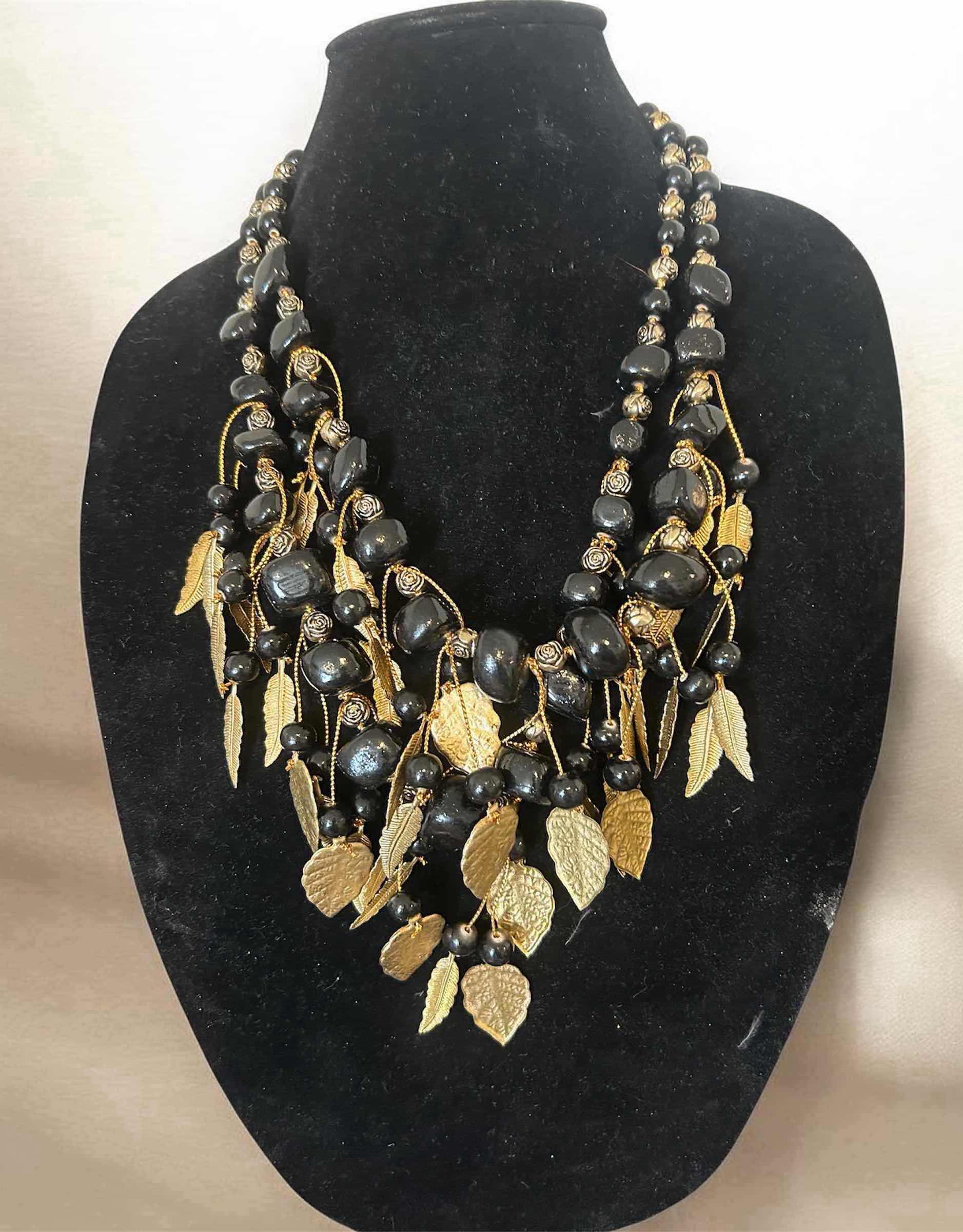 Photo 1 of VINTAGE HANDMADE STATEMENT NECKLACE W BLACK GLASS BEADS AND GOLD TONE BRASS LEAVES MULTI STRAND
