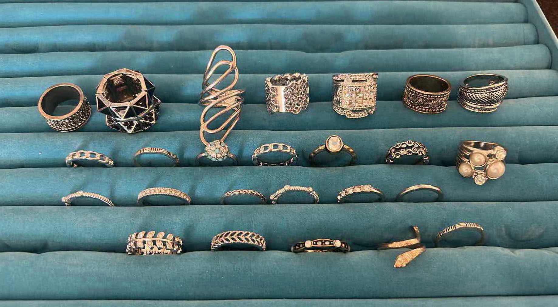 Photo 1 of 25-ASSORTMENT OF SILVER TONE FASHION RINGS JEWELRY BOX SOLD SEPARATELY