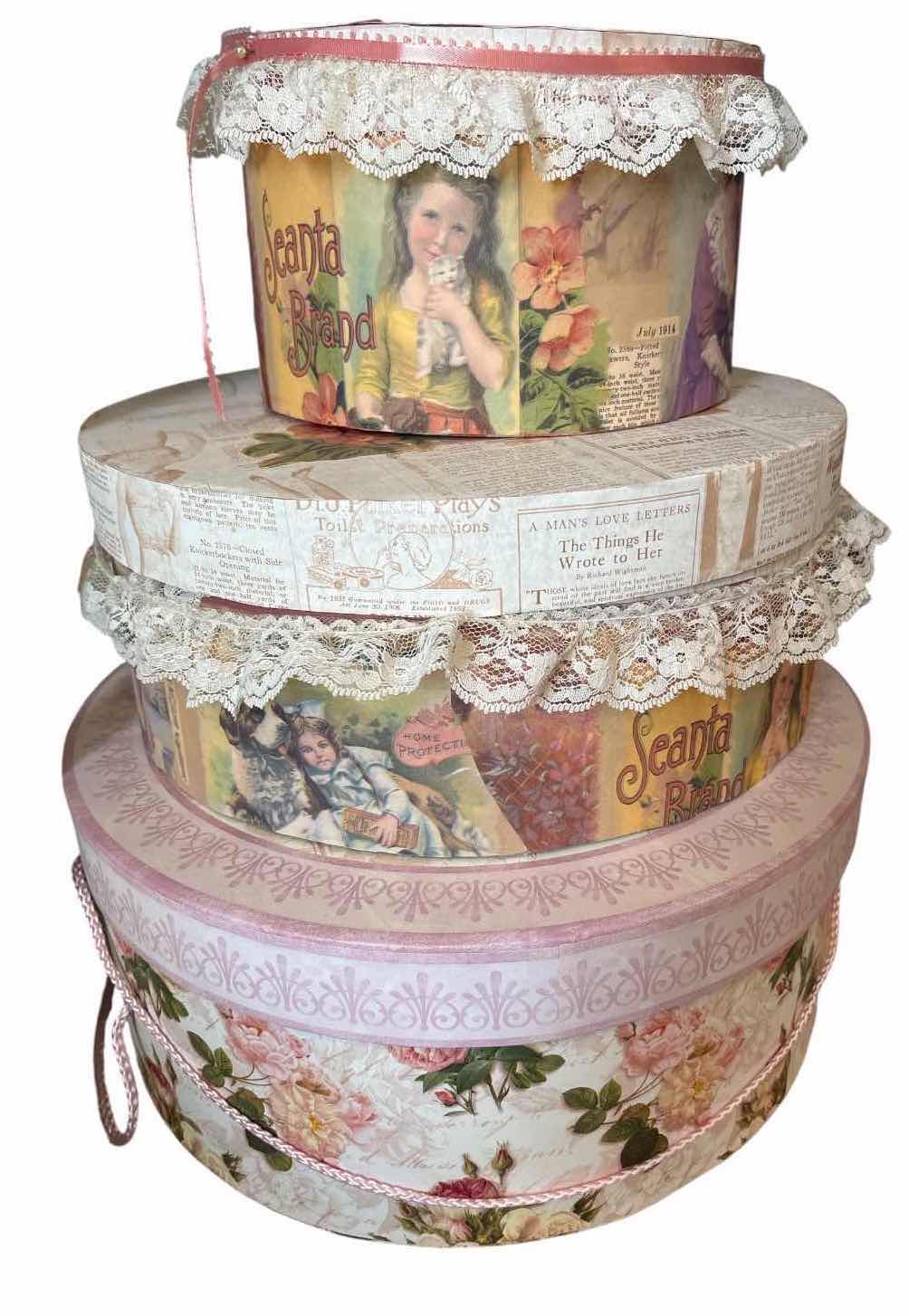 Photo 1 of DECORATIVE ROUND NESTING HAT BOXES FEATURING FLORAL, VINTAGE CHILD, AND NEWSPAPER PRINT DESIGNS WITH LACE TRIM D14” $80