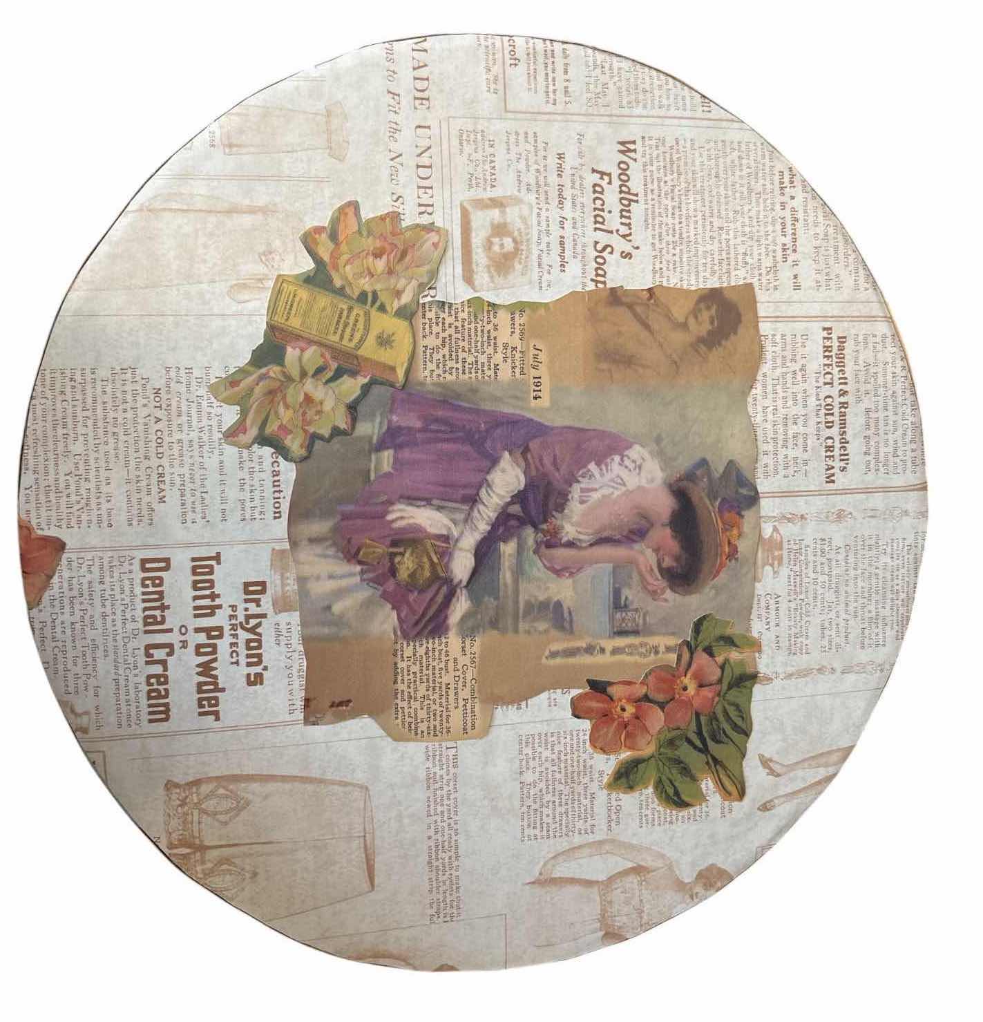 Photo 1 of DECORATIVE ROUND NESTING HAT BOXES FEATURING FLORAL, VINTAGE CHILD, AND NEWSPAPER PRINT DESIGNS WITH LACE TRIM D14” $80