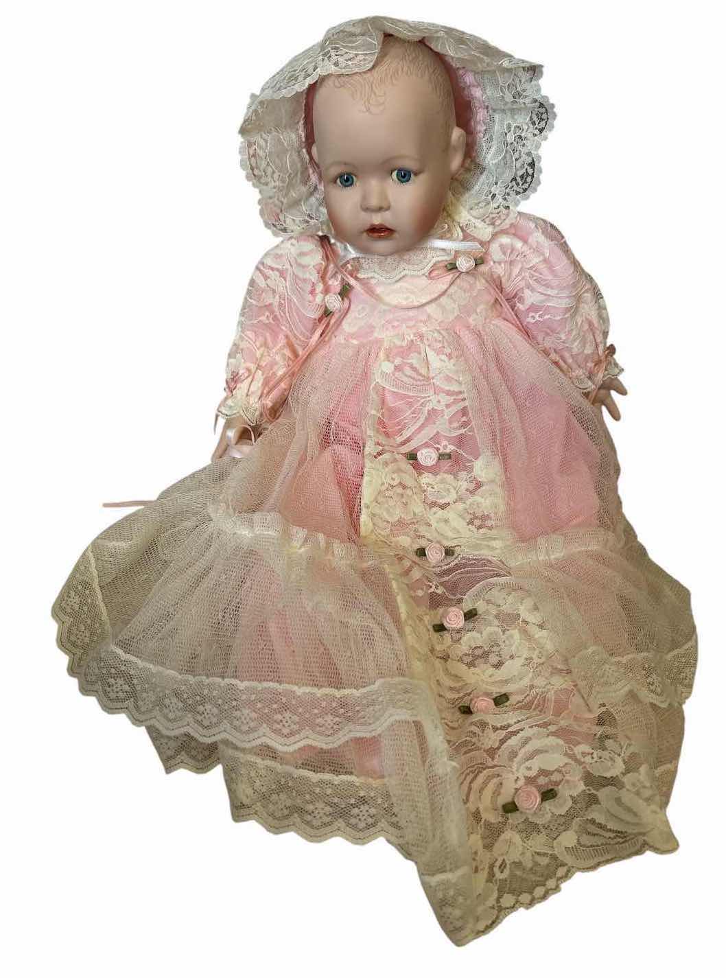 Photo 1 of (2)PCS VINTAGE STYLE PORCELAIN DOLLS -PINK LONG DRESS AND BLUE FLORAL DRESS H16.5” $110