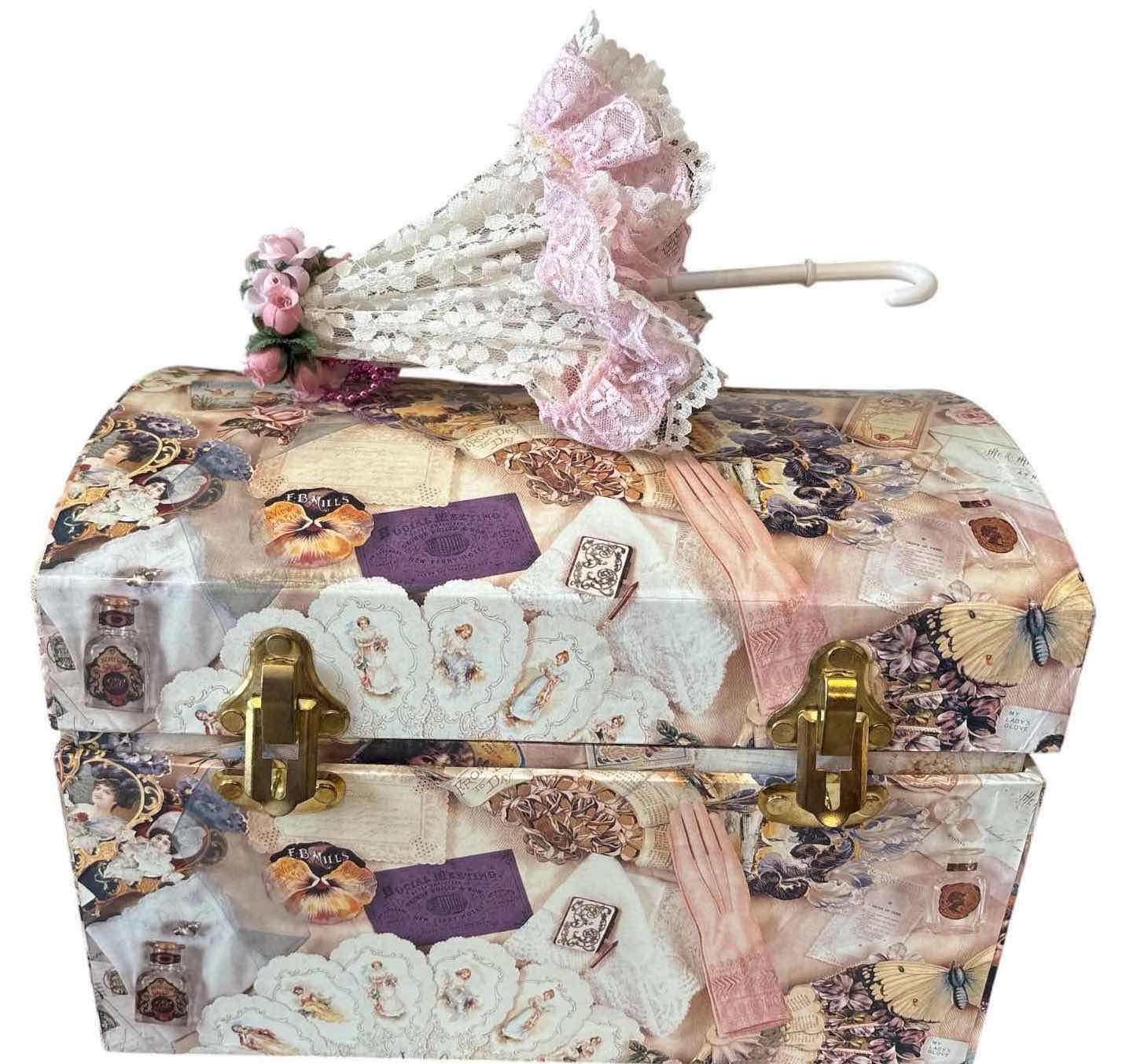 Photo 1 of (2)PCS DECORATIVE STORAGE TRUNK WITH VICTORIAN DOLL PARASOL 14.5”X10”H10” $90