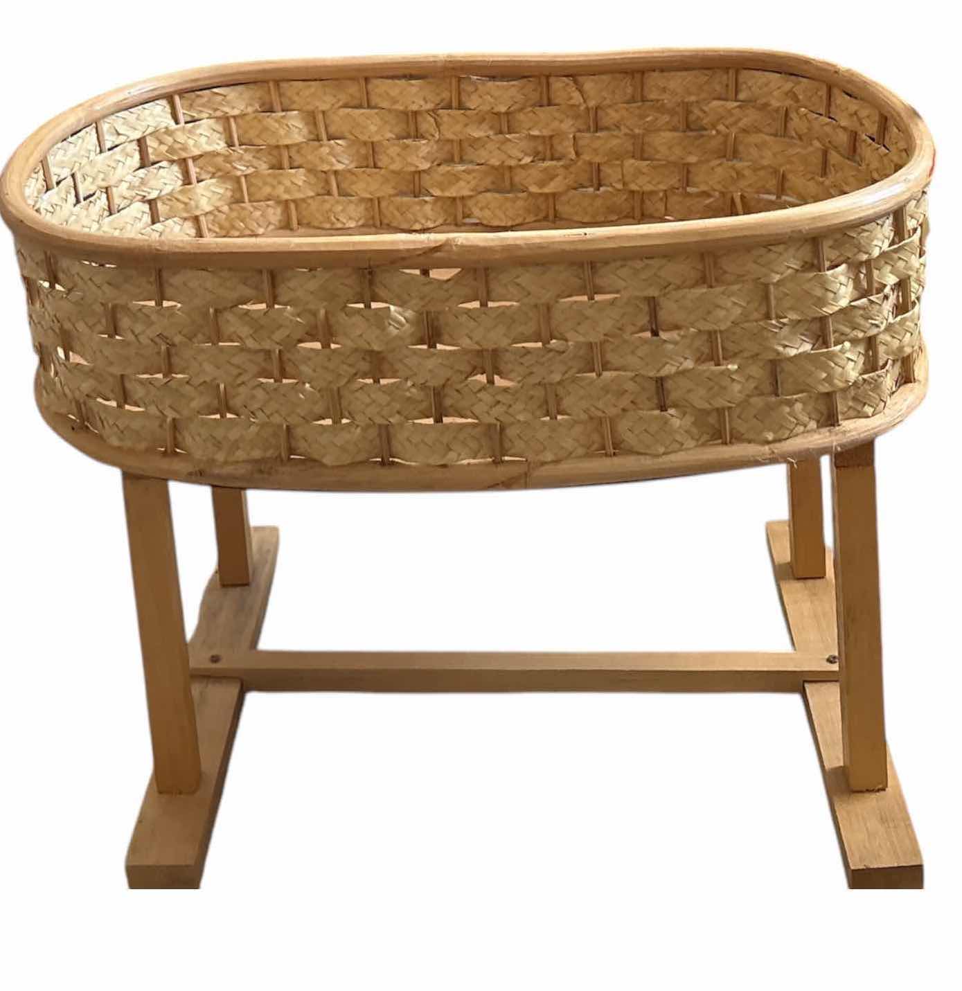 Photo 1 of WICKER DOLL CRADLE ON STAND, HANDCRAFTED WOODEN ROCKING HORSE, AND A WHITE RUSH SEAT CHILDS CHAIR 19”X13”H29” $160