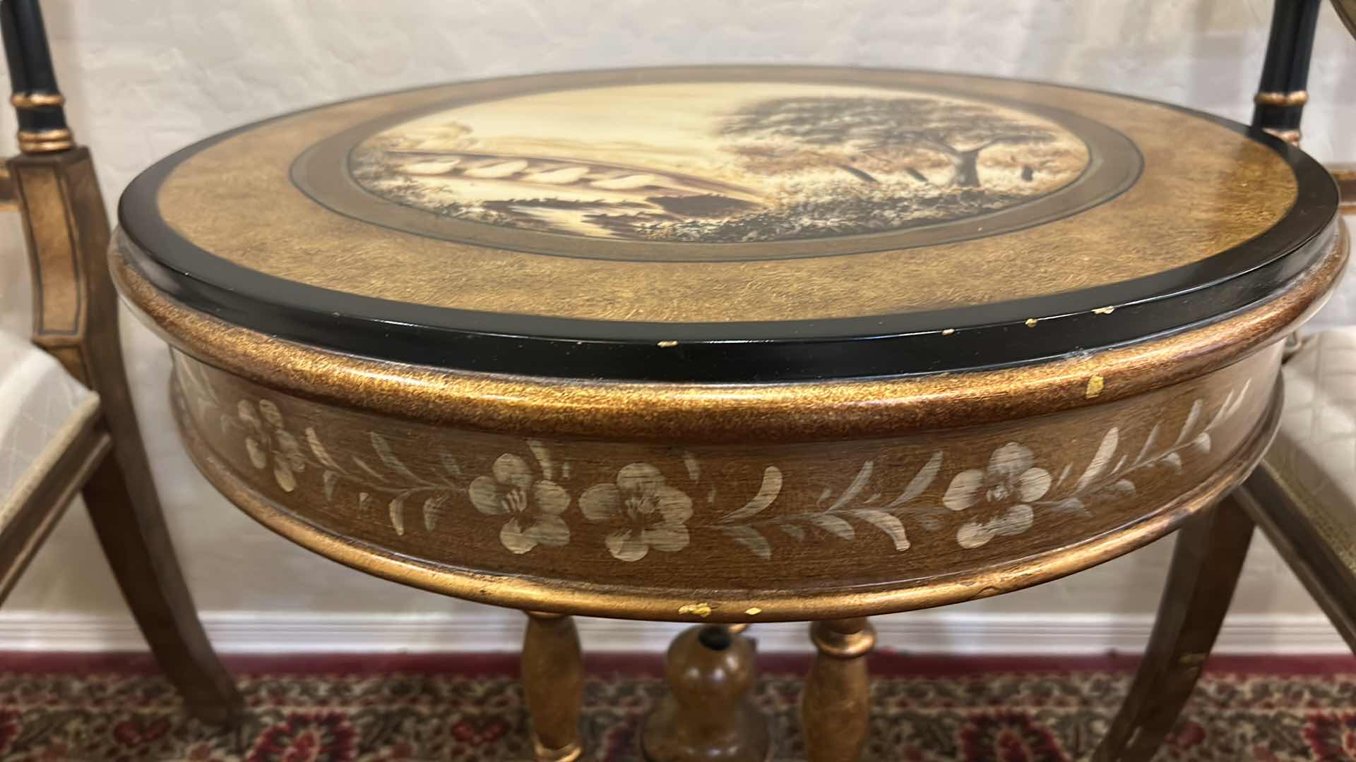Photo 1 of VINTAGE ITALIAN HAND PAINTED OCCASIONAL ACCENT TABLE W LANDSCAPE MEDALLION & FLORAL APRON CARVED PEDESTAL BASE D22“ x H25.5“