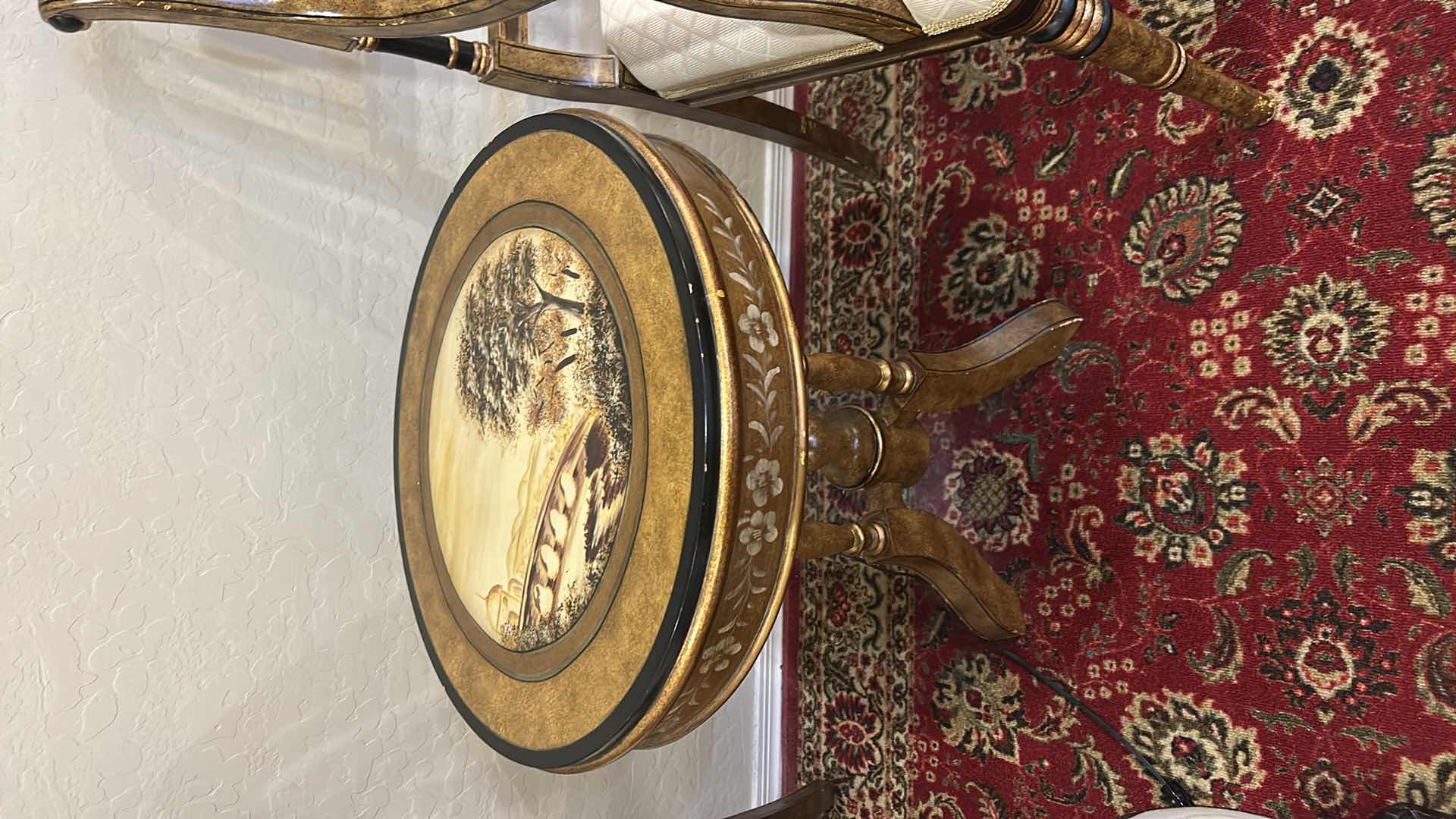 Photo 1 of VINTAGE ITALIAN HAND PAINTED OCCASIONAL ACCENT TABLE W LANDSCAPE MEDALLION & FLORAL APRON CARVED PEDESTAL BASE D22“ x H25.5“