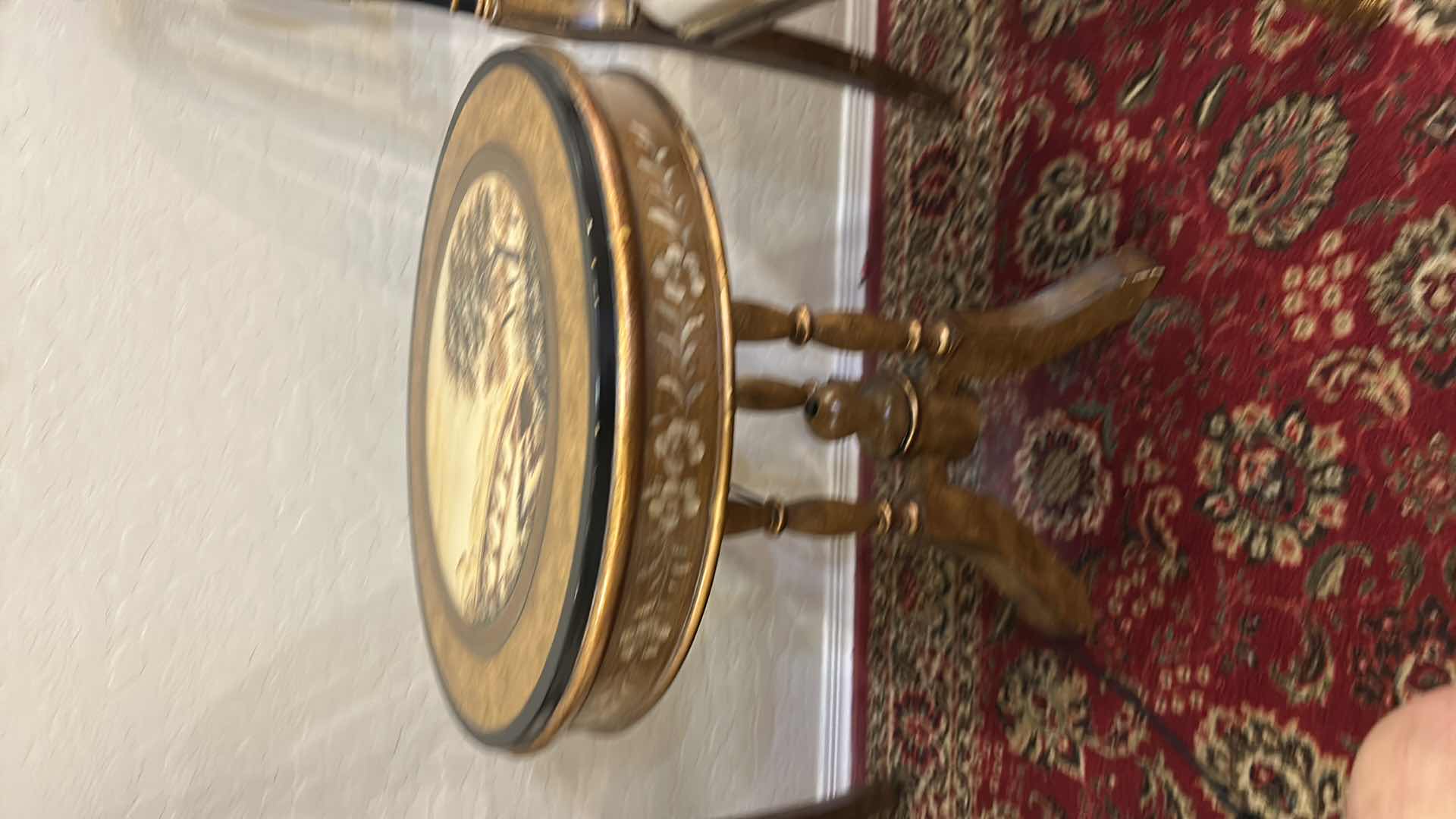 Photo 1 of VINTAGE ITALIAN HAND PAINTED OCCASIONAL ACCENT TABLE W LANDSCAPE MEDALLION & FLORAL APRON CARVED PEDESTAL BASE D22“ x H25.5“