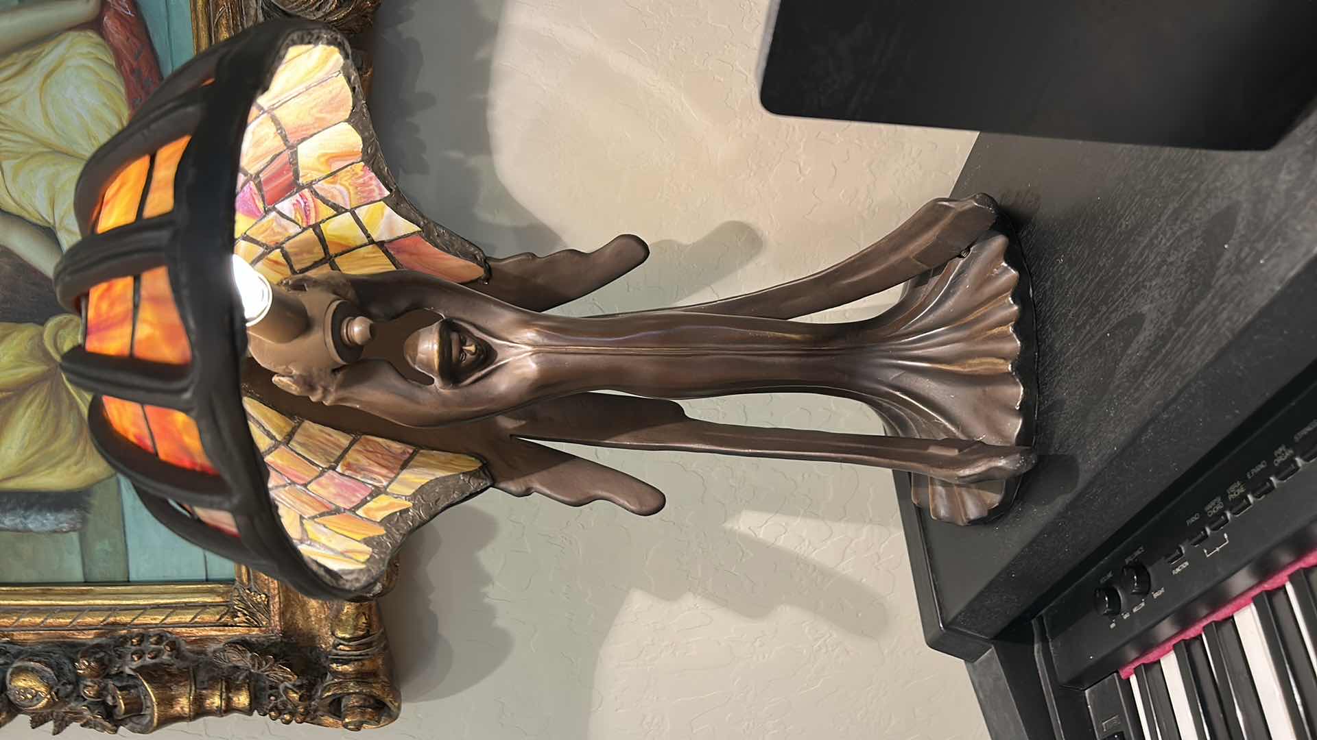 View 6 of ART NOUVEAU “FLYING LADY” TABLE LAMP WITH PATINATED BRONZE, FINISH AND RED SLAG GLASS SHADE, H29”