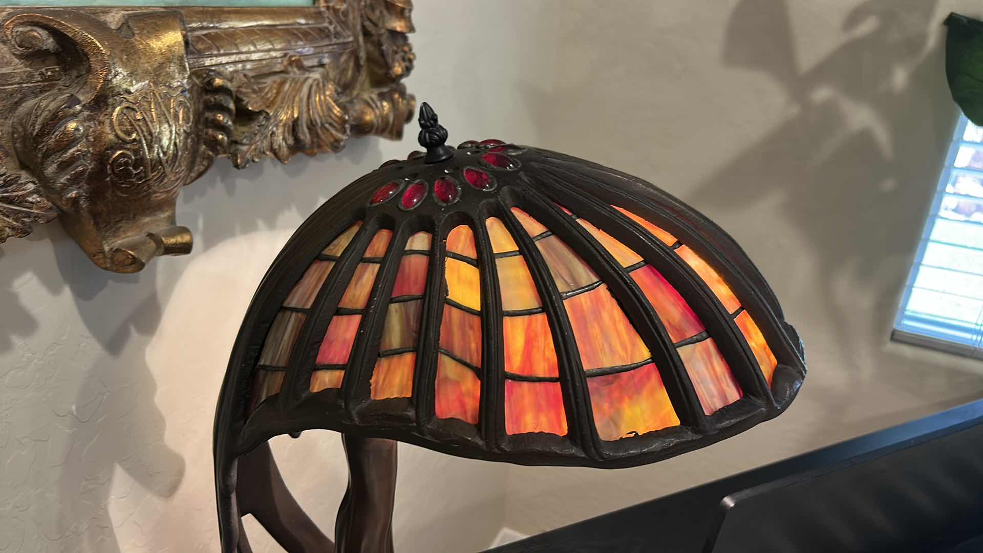 View 5 of ART NOUVEAU “FLYING LADY” TABLE LAMP WITH PATINATED BRONZE, FINISH AND RED SLAG GLASS SHADE, H29”