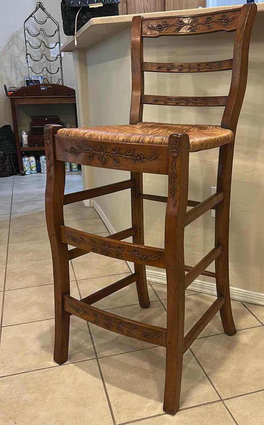 Photo 1 of FRENCH COUNTRY STYLE WOODEN BARSTOOL W LADDER BACK FLORAL CARVINGS &HAND WOVEN RUSH SEAT, SEAT HEIGHT 29” OVERALL HEIGHT 41 1/2”