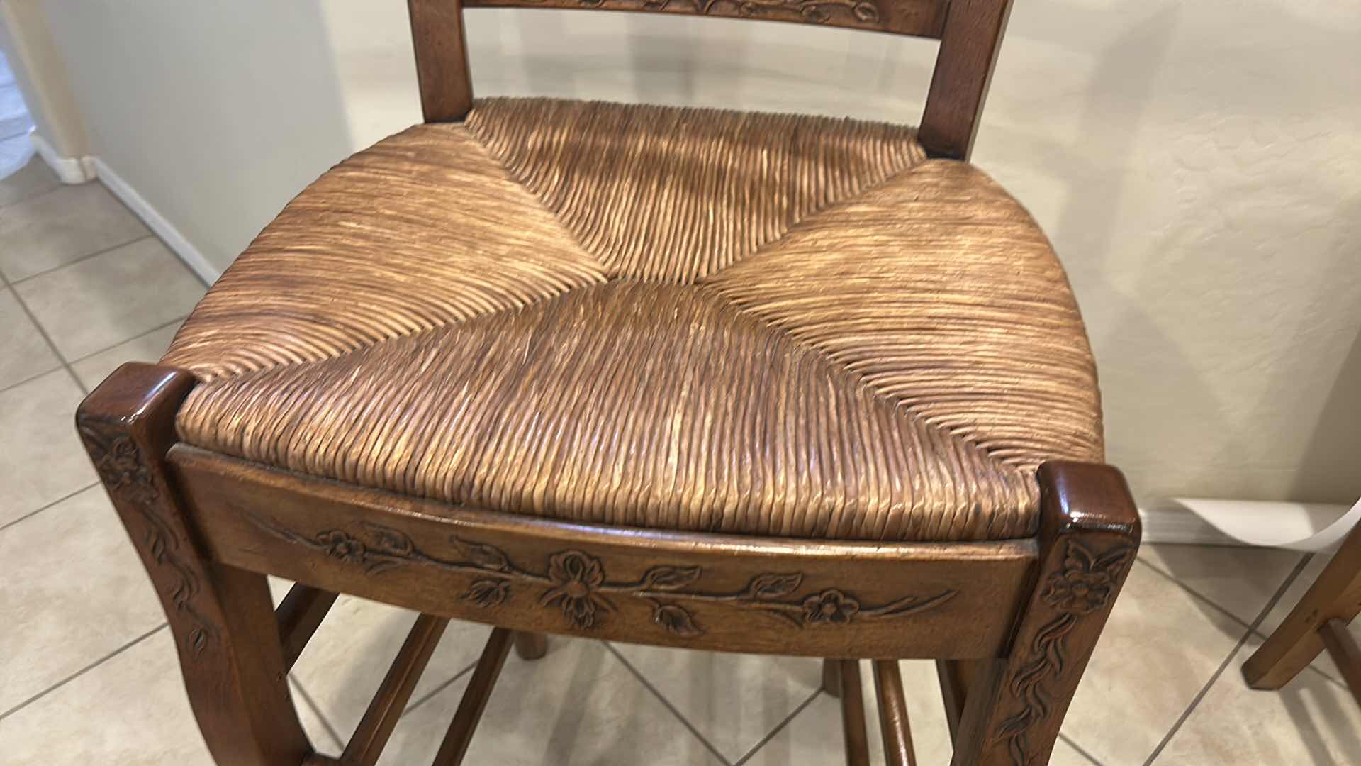 Photo 1 of FRENCH COUNTRY STYLE WOODEN BARSTOOL WITH LADDER BACK FLORAL CARVINGS & HAND WOVEN RUSH SEAT, SEAT HEIGHT 29” OVERALL HEIGHT 41 1/2”