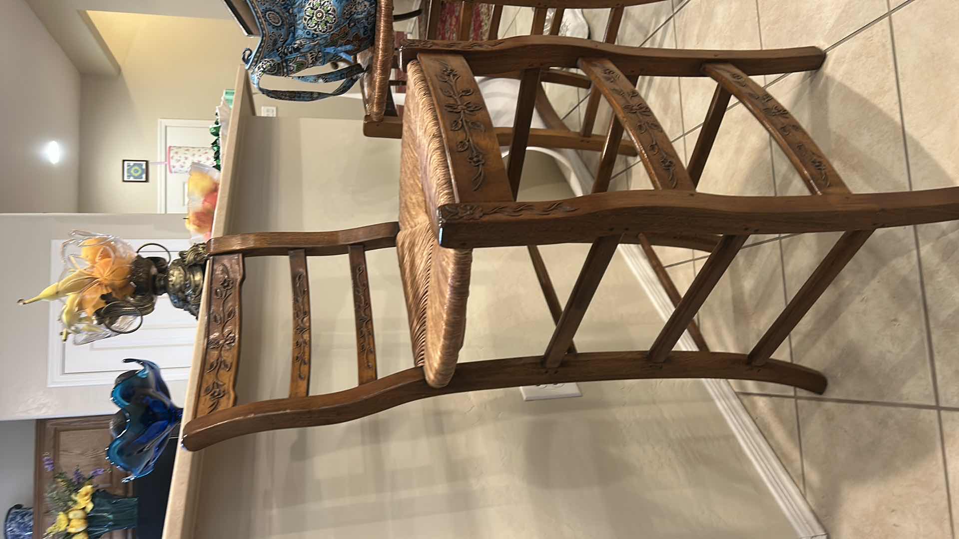 Photo 1 of FRENCH COUNTRY STYLE WOODEN BARSTOOL WITH LADDER BACK FLORAL CARVINGS & HAND WOVEN RUSH SEAT, SEAT HEIGHT 29” OVERALL HEIGHT 41 1/2”