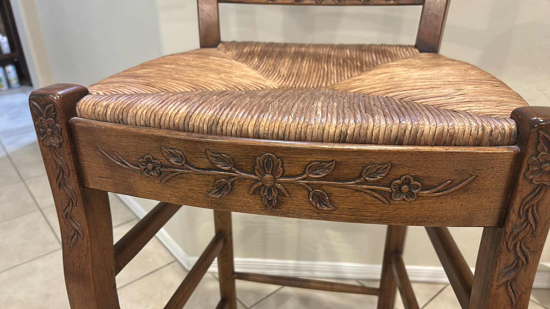Photo 1 of FRENCH COUNTRY STYLE WOODEN BARSTOOL WITH LADDER BACK FLORAL CARVINGS & HAND WOVEN RUSH SEAT, SEAT HEIGHT 29” OVERALL HEIGHT 41 1/2”