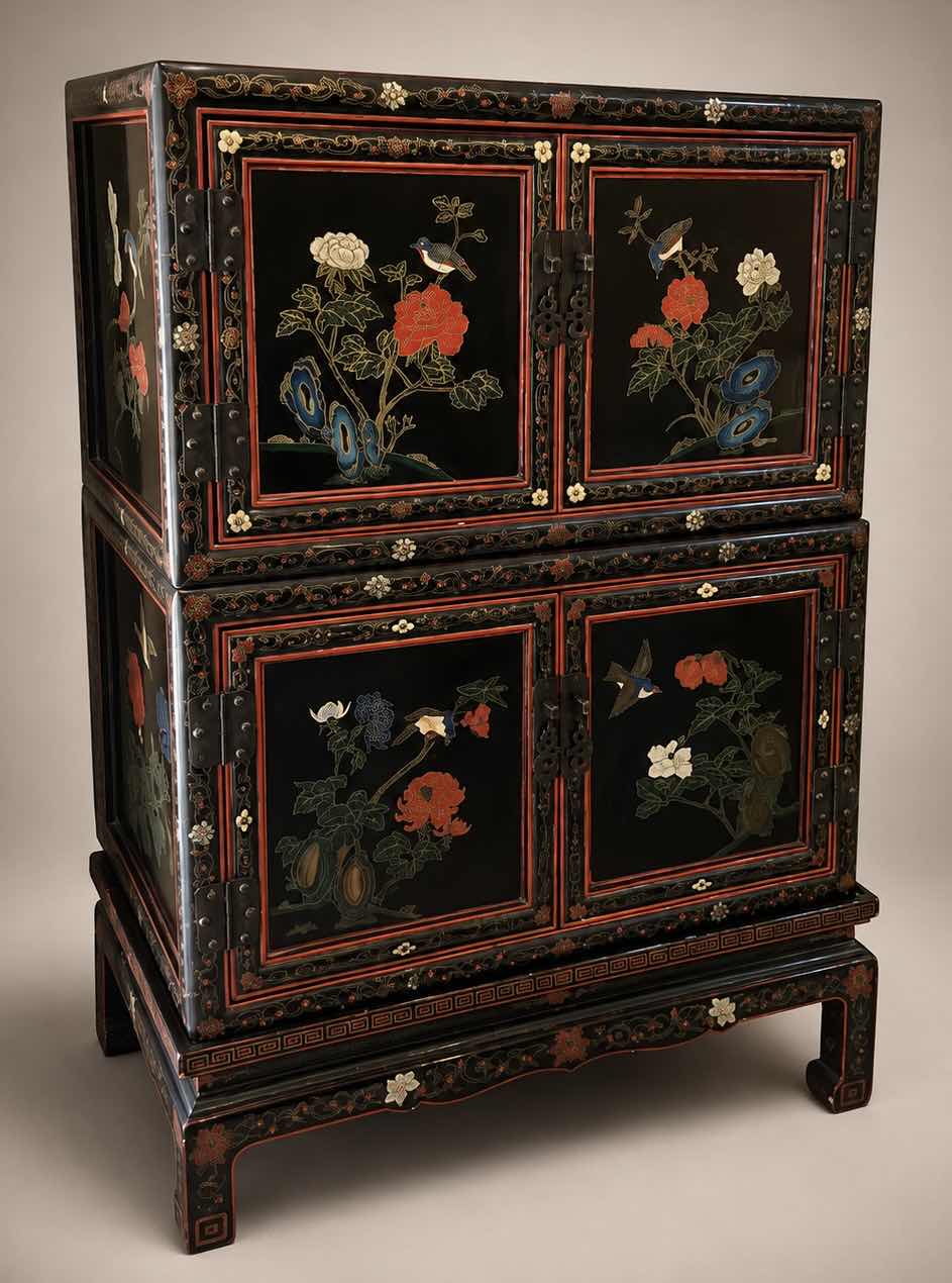 Photo 1 of CHINESE BLACK LACQUER WEDDING CABINET 32.75” x 20” H48 1/2”