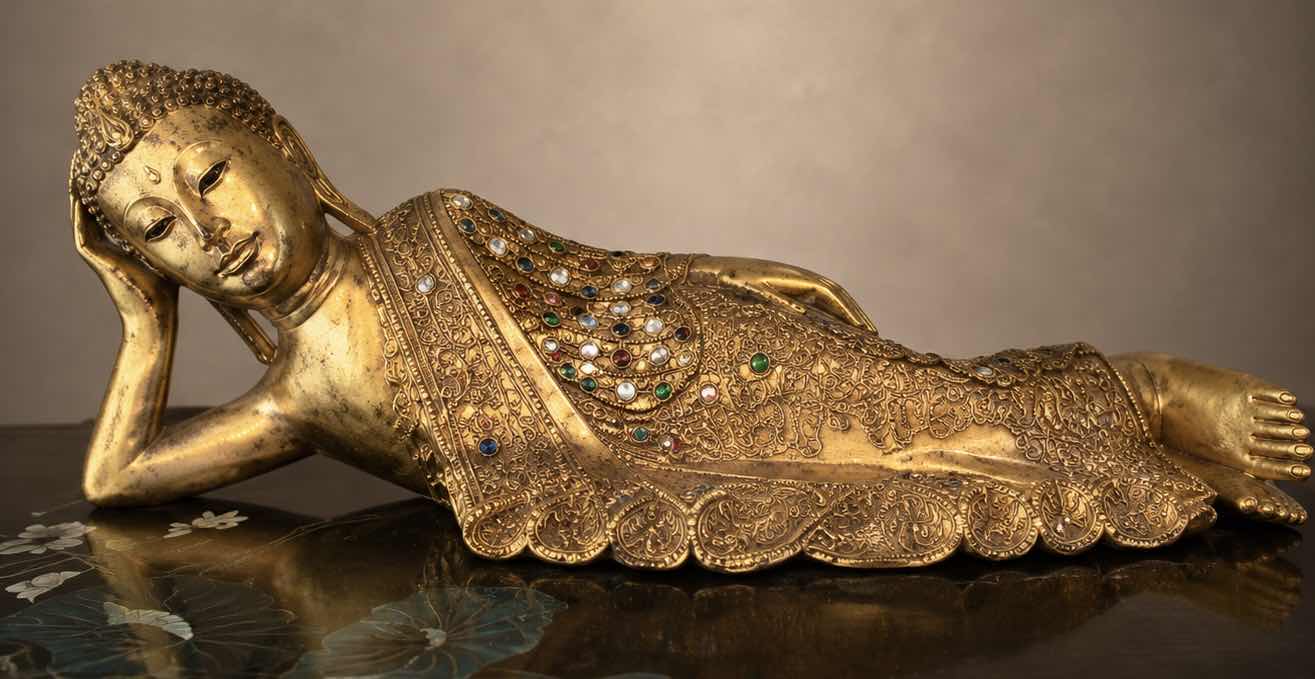 View 1 of HAND CARVED WOODEN RECLINING BUDDHA SCULPTURE,GOLD GILT FINISH W INLAID MIRROR GLASS 26” x H9”