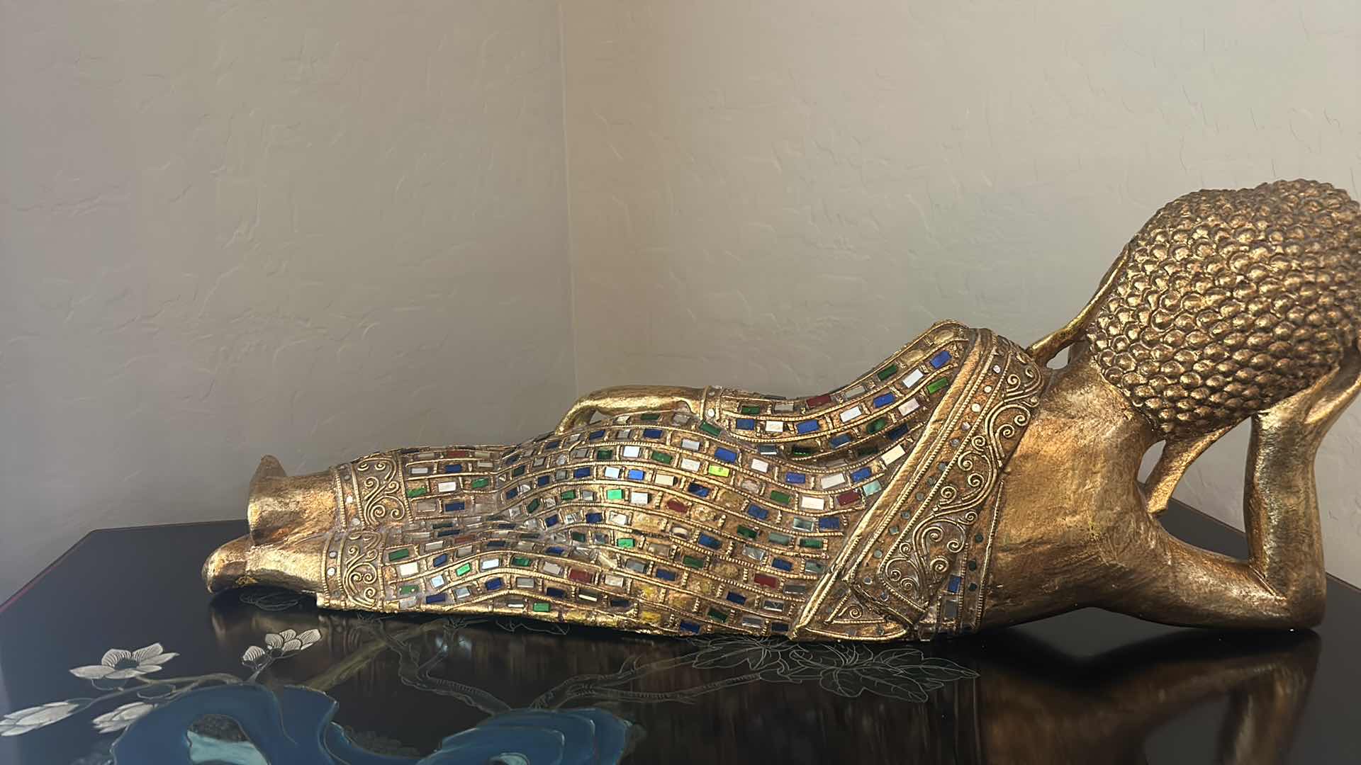 View 6 of HAND CARVED WOODEN RECLINING BUDDHA SCULPTURE,GOLD GILT FINISH W INLAID MIRROR GLASS 26” x H9”