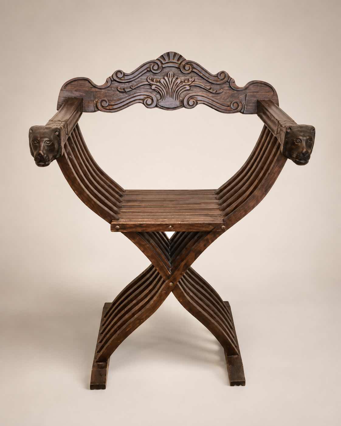 Photo 1 of VINTAGE ITALIAN RENAISSANCE HAND CARVED WOODEN SAVONAROLA FOLDING CHAIR