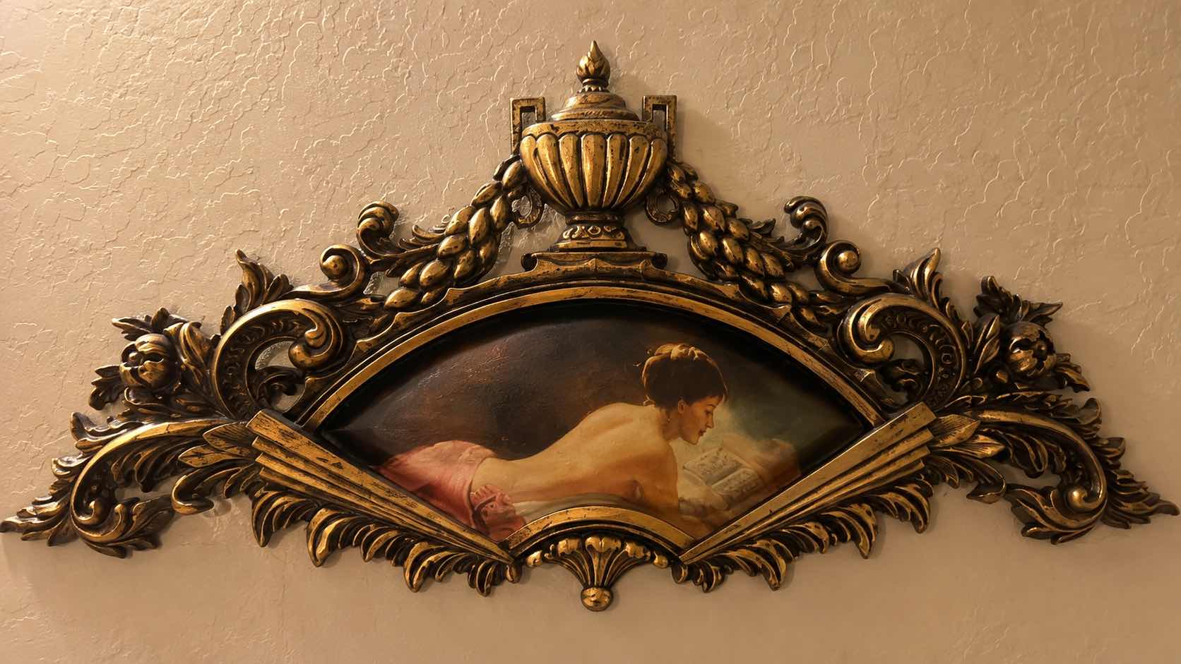 Photo 1 of ORNATE ANTIQUE NEOCLASSICAL DESIGN STYLE GOLD WALL PEDIMENT WITH AN OVAL FIGURAL PAINTING INSET 31 1/4“ x H15.5“