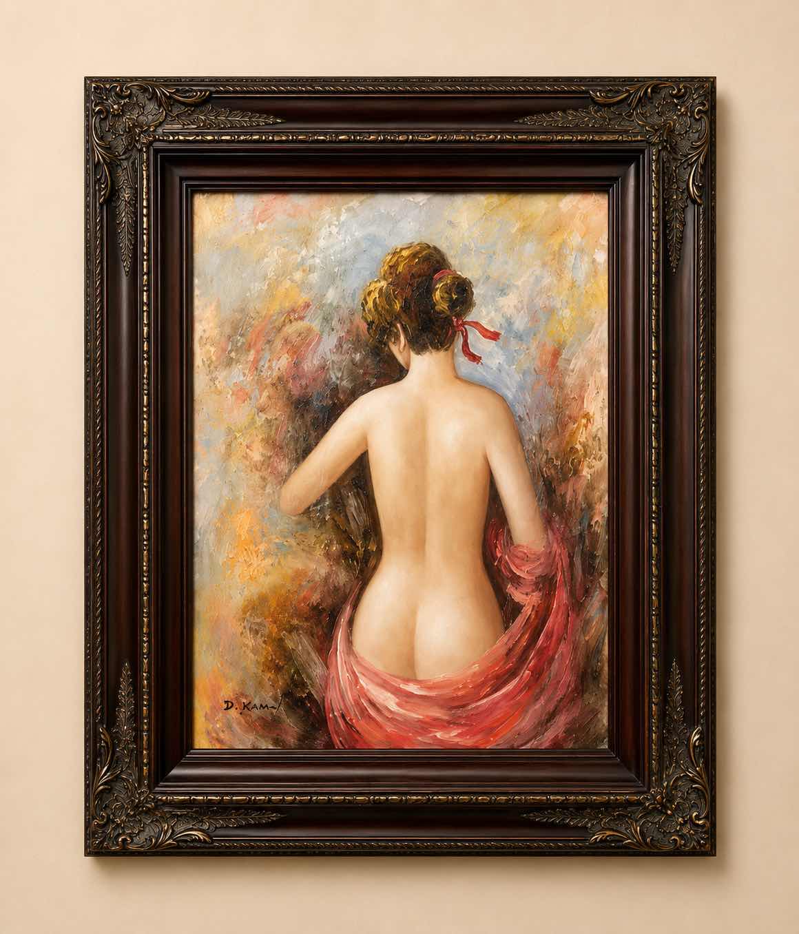 Photo 1 of ORNATELY FRAMED SIGNED OIL ON CANVAS "LADY W RED SCARVE" PAINTING ARTWORK 23.5 x 27.5