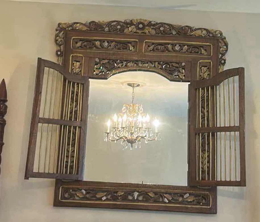 Photo 1 of VINTAGE INDONESIAN CARVED WINDOW MIRROR. 42” x 44.5”