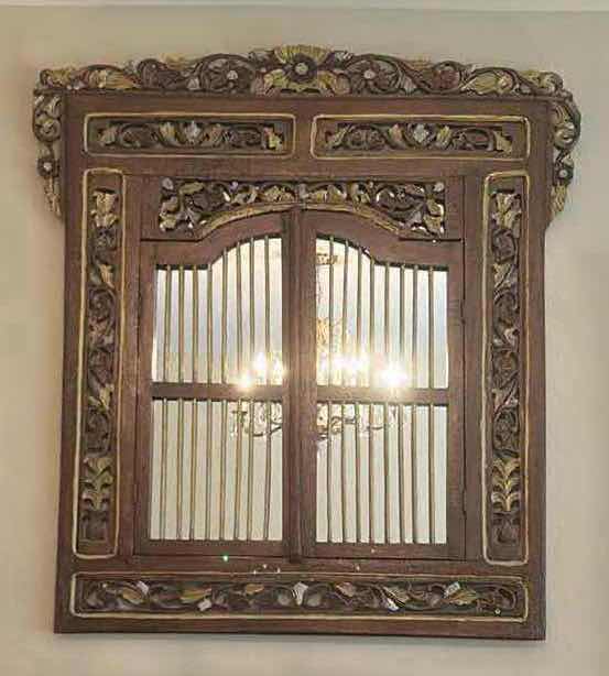 Photo 1 of VINTAGE INDONESIAN CARVED WINDOW MIRROR. 42” x 44.5”