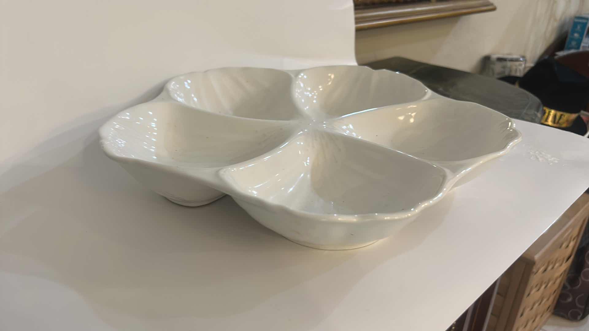 Photo 1 of WHITE CERAMIC DOGWOOD, SERVING DISH. 14” x 2” $30