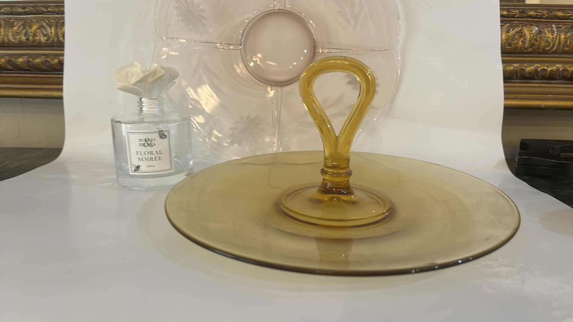 Photo 1 of VINTAGE AMBER GLASS CENTER HANDLE SANDWICH TRAY & LIGHT PINK GLASS TRAY