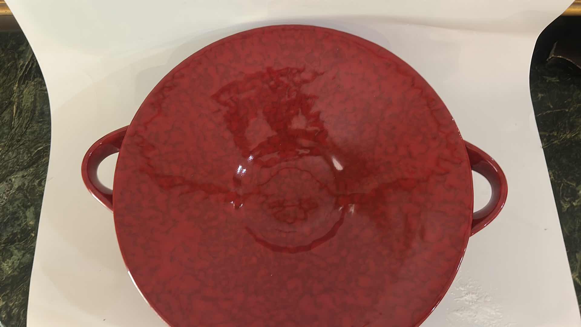 Photo 1 of “CERAMICHE ALFA / MADE IN ITALY GLOSSY RED CERAMIC FOOTED DECORATIVE CENTERPIECE BOWL (13” x 3” EXCLUDING HANDLES)