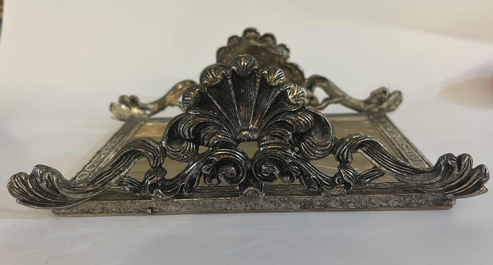 Photo 1 of ORNATE GODINGER VINTAGE SILVER PLATED NAPKIN HOLDER/KNIFE REST WITH ROCOCO STYLE, SCROLL WORK. 8 1/2” x 5 1/2” x H3” $50