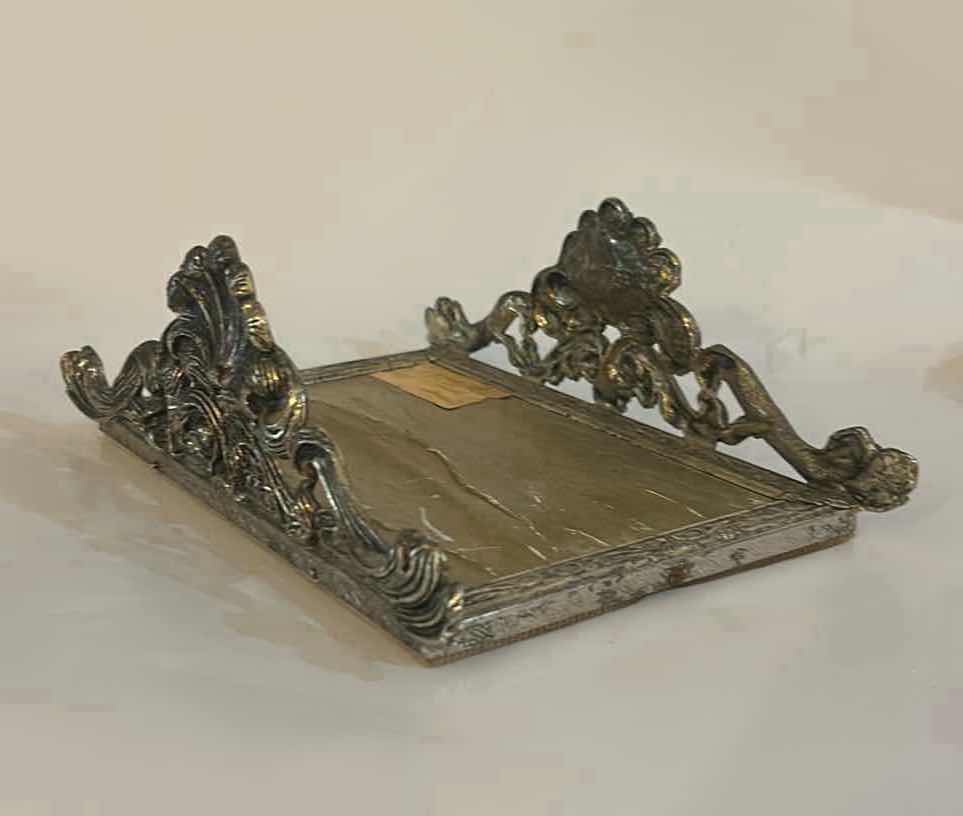 Photo 1 of ORNATE GODINGER VINTAGE SILVER PLATED NAPKIN HOLDER/KNIFE REST WITH ROCOCO STYLE, SCROLL WORK. 8 1/2” x 5 1/2” x H3” $50