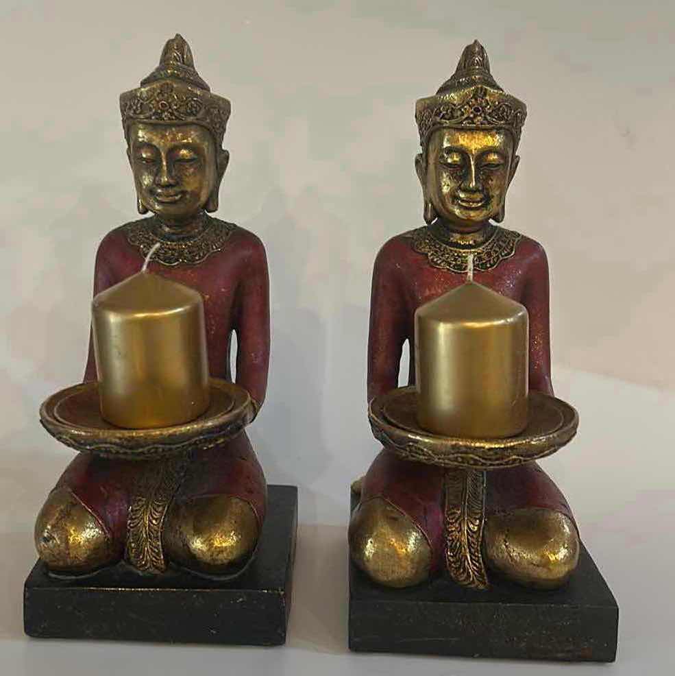 Photo 1 of 2 - RED & GOLD RESIN BUDDHA CANDLE HOLDER FIGURINES H8.5”