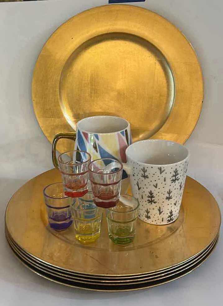 Photo 1 of GOLD TONE PLATE CHARGERS, SHOT GLASSES, COFFEE, MUGS