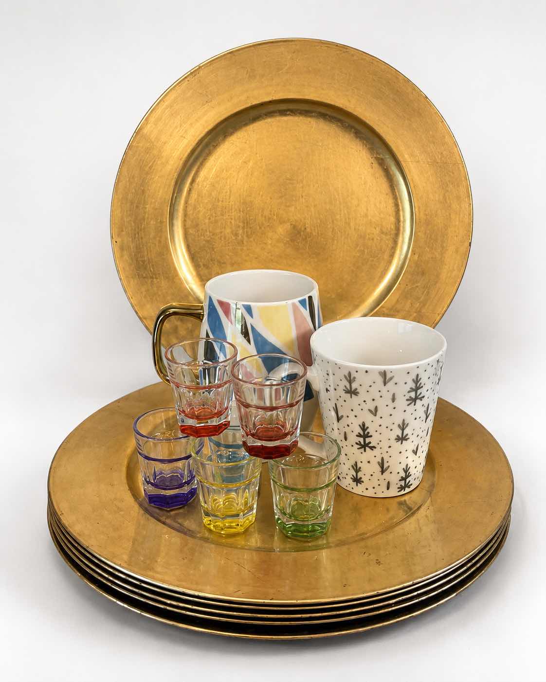 Photo 1 of GOLD TONE PLATE CHARGERS, SHOT GLASSES, COFFEE, MUGS