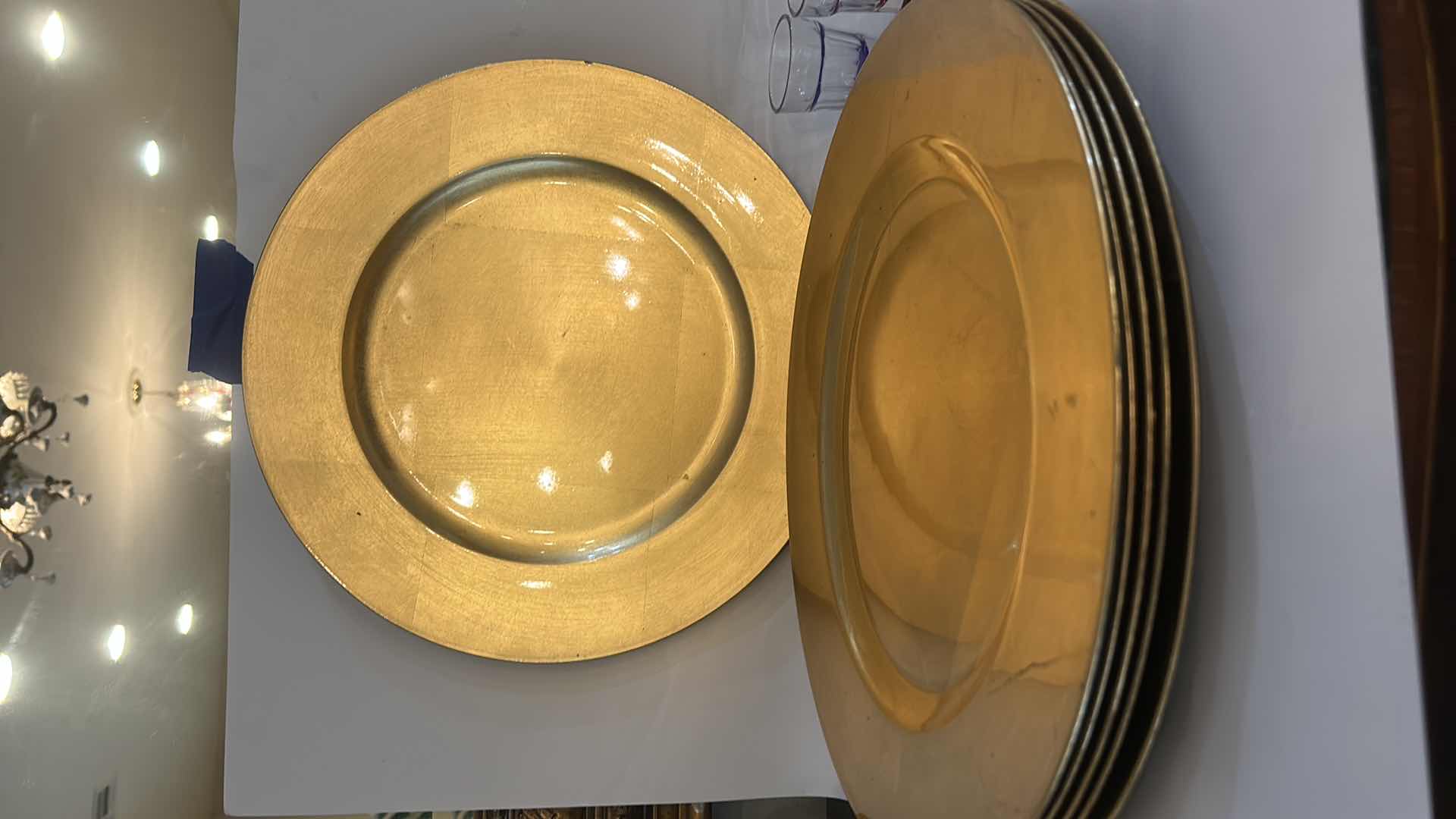 Photo 1 of GOLD TONE PLATE CHARGERS, SHOT GLASSES, COFFEE, MUGS