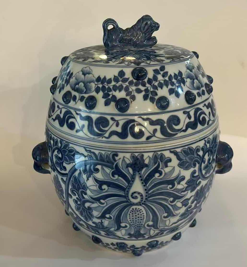 Photo 1 of BLUE AND WHITE PORCELAIN LIDDED JAR. H11”