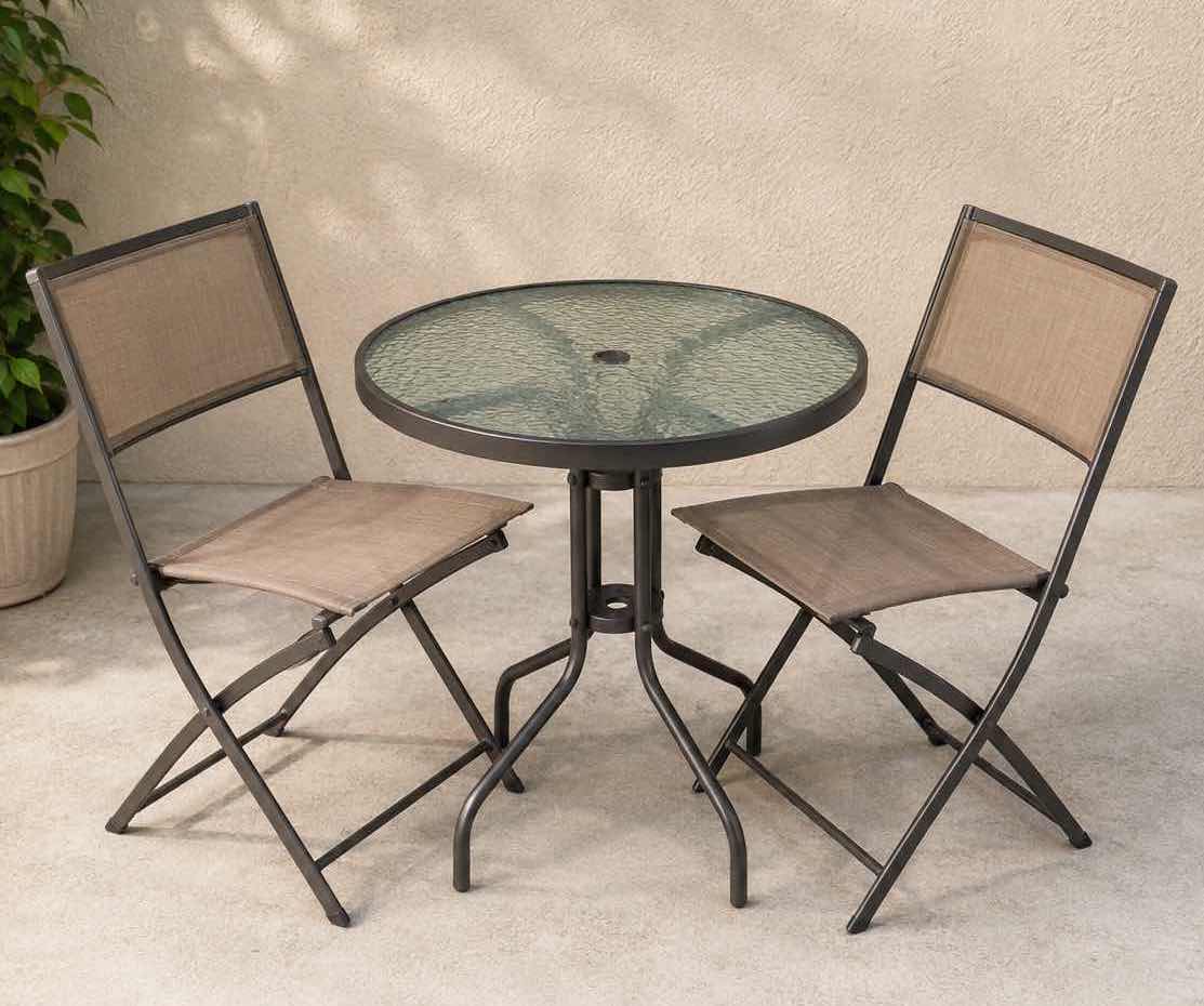 View 1 of METAL BISTRO TABLE WITH WAVY GLASS TOP AND TWO CHAIR CHAIRS.